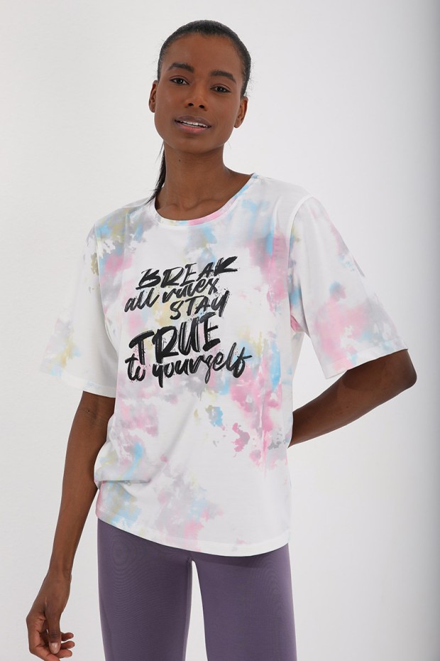 Pembe Yazı Baskılı Batik Desenli O Yaka Kadın Oversize T-Shirt - 97125