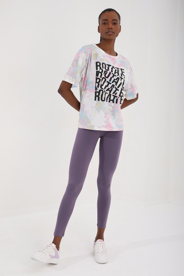 Pembe Yazı Baskılı Batik Desenli O Yaka Kadın Oversize T-Shirt - 97126