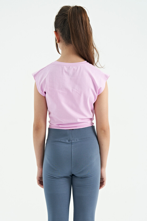 Pembe Kalp Baskılı Ön Düğüm Detaylı Rahat Form Kız Çocuk T-Shirt - 75114