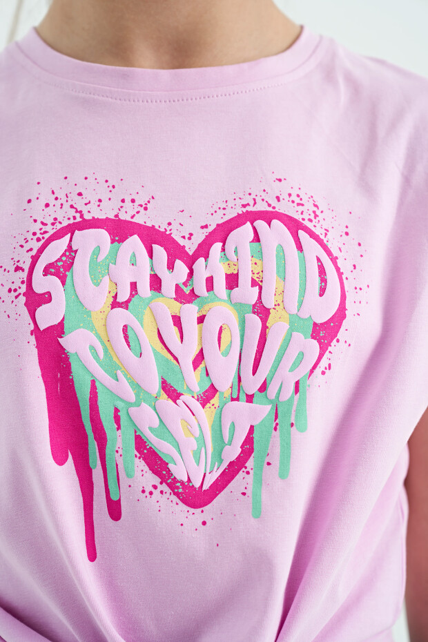 Pembe Kalp Baskılı Ön Düğüm Detaylı Rahat Form Kız Çocuk T-Shirt - 75114