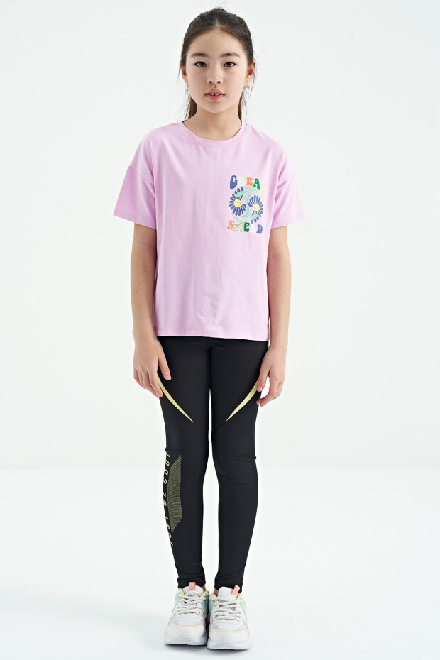 Pembe Ön Arka Çok Renkli Baskılı Oversize Kısa Kollu Kız Çocuk T-Shirt - 75117