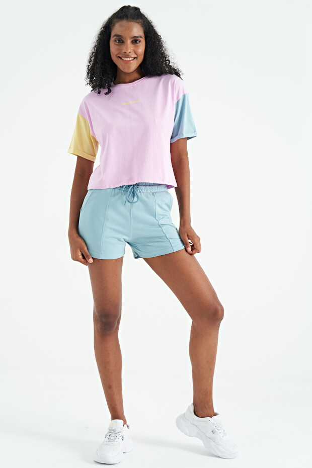 Pembe Üç Renk Düşük Omuzlu Oversize Baskılı Crop Kadın T-Shirt - 02266