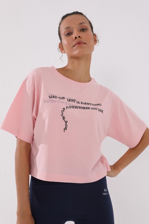 Pembe Yazı Baskılı Kısa O Yaka Kadın Oversize T-Shirt - 97135