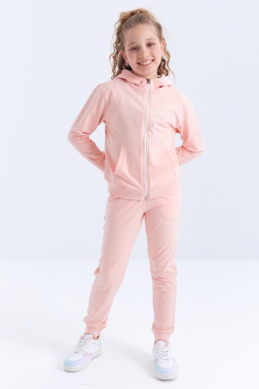Pembe Yazı Nakışlı Kapüşonlu Rahat Form Kız Çocuk Eşofman Takım - 75057 
