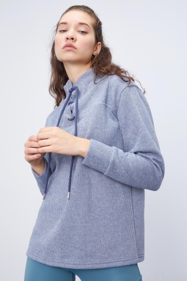 Petrol Bağcıklı Dik Yaka Selanik Triko Kadın Oversize Sweatshirt - 97198 