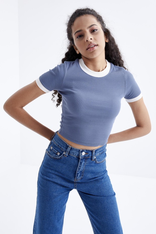 Petrol Basic Kol Detaylı O Yaka Kadın Crop Top T-Shirt - 97200