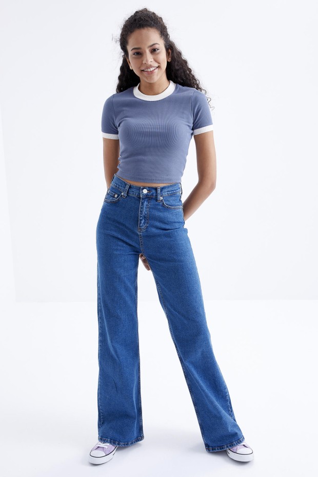 Petrol Basic Kol Detaylı O Yaka Kadın Crop Top T-Shirt - 97200