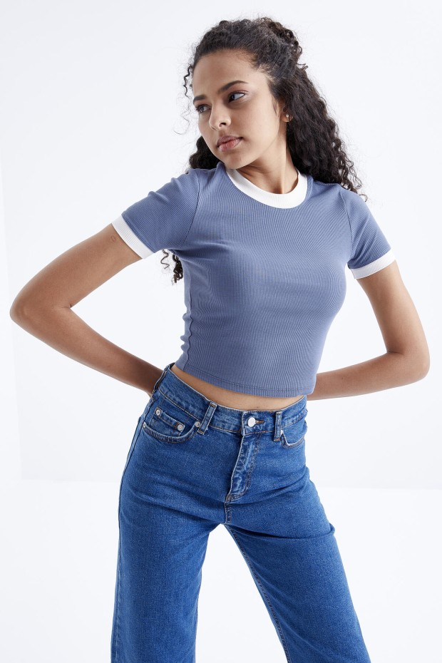 Petrol Basic Kol Detaylı O Yaka Kadın Crop Top T-Shirt - 97200