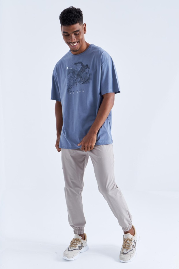 Petrol Baskı Detaylı O Yaka Erkek Oversize T-Shirt - 88093