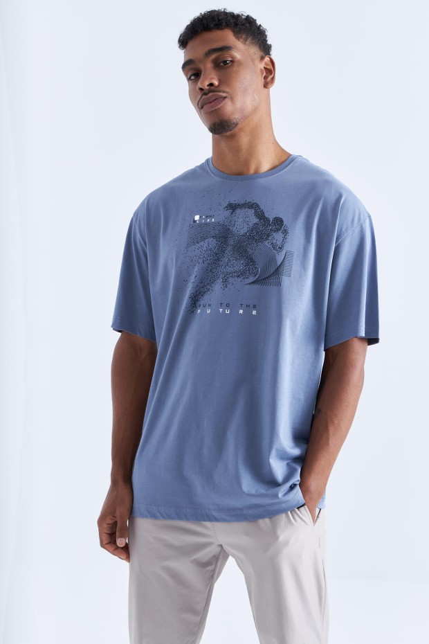Petrol Baskı Detaylı O Yaka Erkek Oversize T-Shirt - 88093