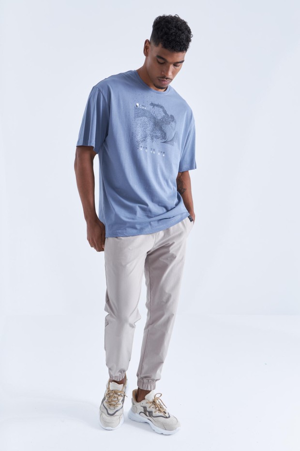 Petrol Baskı Detaylı O Yaka Erkek Oversize T-Shirt - 88093