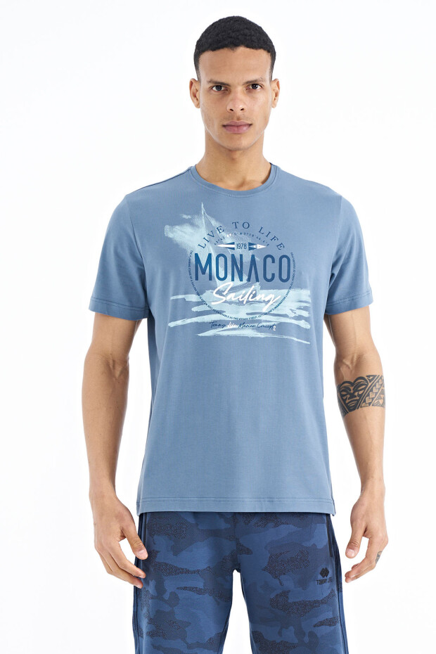 Petrol Baskı Detaylı O Yaka Standart Kalıp Erkek T-Shirt - 88188