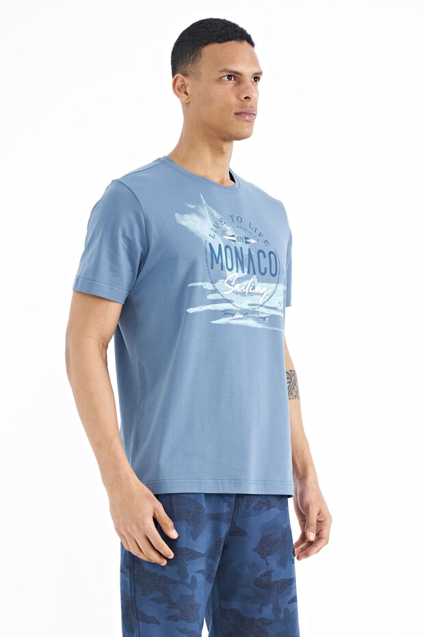 Petrol Baskı Detaylı O Yaka Standart Kalıp Erkek T-Shirt - 88188