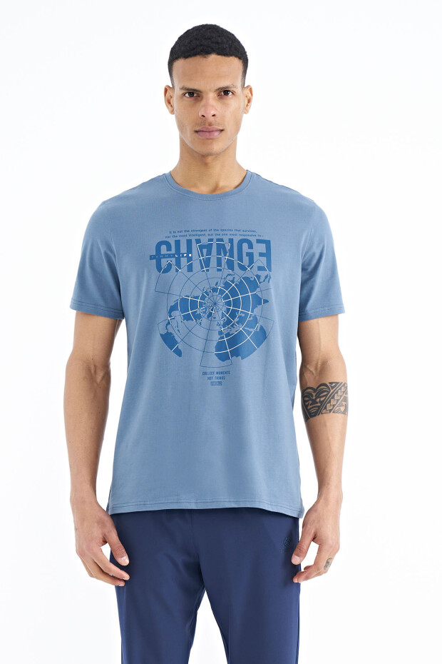 Petrol Baskı Detaylı O Yaka Standart Kalıp Erkek T-Shirt - 88214