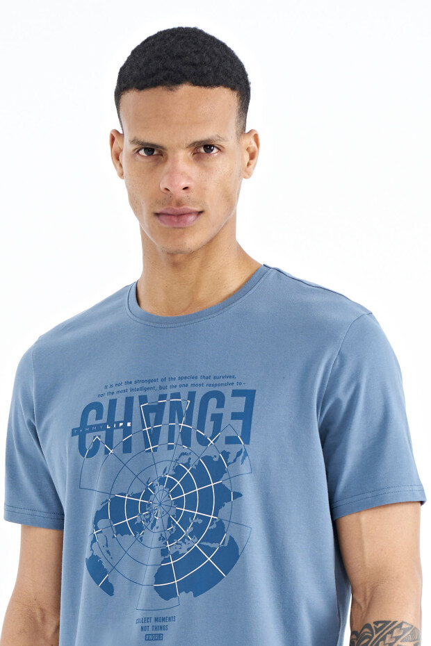 Petrol Baskı Detaylı O Yaka Standart Kalıp Erkek T-Shirt - 88214