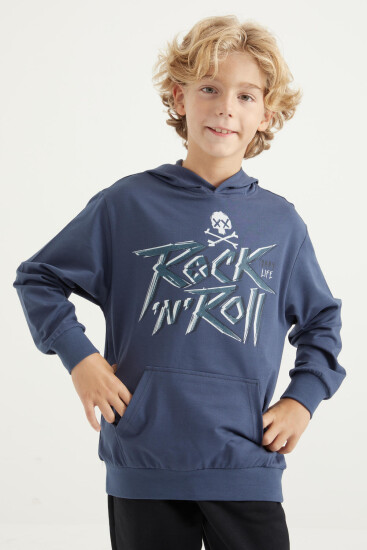 Petrol Yazı Baskılı Kanguru Cepli Kapüşonlu Standart Kalıp Erkek Çocuk Sweatshirt - 11002 