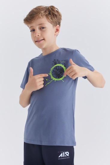 Petrol Baskılı O Yaka Kısa Kollu Standart Kalıp Erkek Çocuk T-Shirt - 10867 