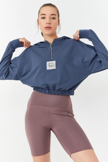 Petrol Beli Büzgülü Kapüşonlu Yarım Fermuarlı Rahat Form Kadın Crop Top Sweatshirt - 97155 - Thumbnail