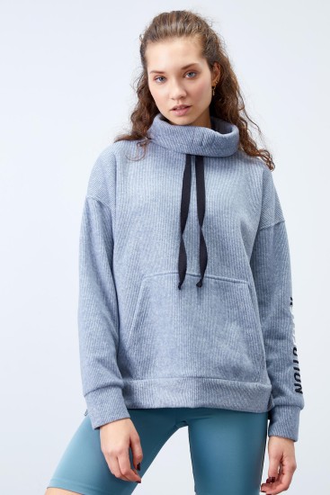 Petrol Büzgülü Bağcıklı Yaka Nakışlı Selanik Triko Kadın Oversize Sweatshirt - 97197 