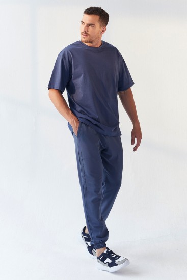 Petrol Dikey Yazı Baskı Detaylı Lastik Paça Erkek Oversize Eşofman Takım - 85157 - TOMMYLIFE
