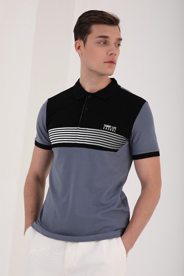 Petrol Çift Renk Göğüs Baskılı Standart Kalıp Triko Polo Yaka Erkek T-Shirt - 87939