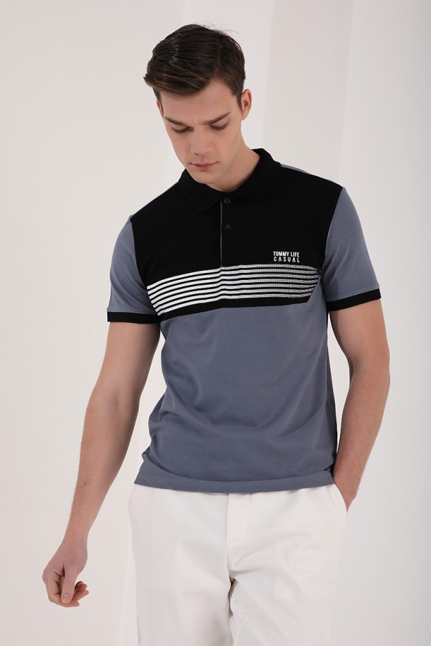 Petrol Çift Renk Göğüs Baskılı Standart Kalıp Triko Polo Yaka Erkek T-Shirt - 87939