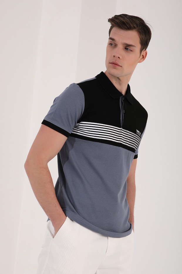 Petrol Çift Renk Göğüs Baskılı Standart Kalıp Triko Polo Yaka Erkek T-Shirt - 87939