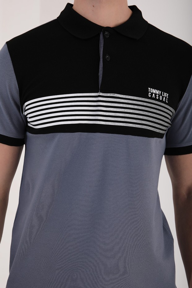 Petrol Çift Renk Göğüs Baskılı Standart Kalıp Triko Polo Yaka Erkek T-Shirt - 87939