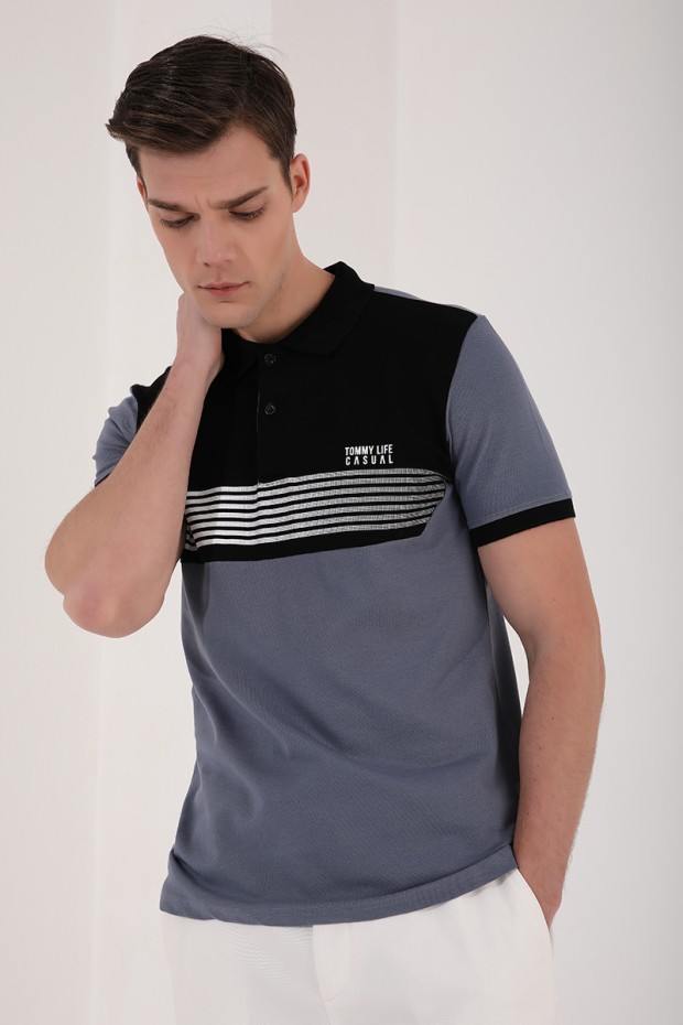 Petrol Çift Renk Göğüs Baskılı Standart Kalıp Triko Polo Yaka Erkek T-Shirt - 87939