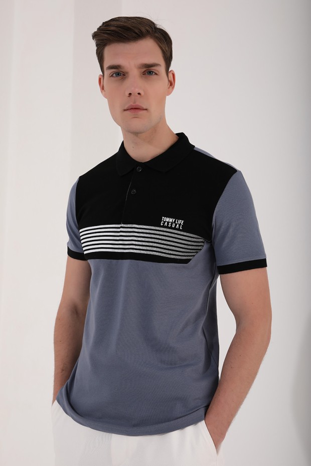 Petrol Çift Renk Göğüs Baskılı Standart Kalıp Triko Polo Yaka Erkek T-Shirt - 87939