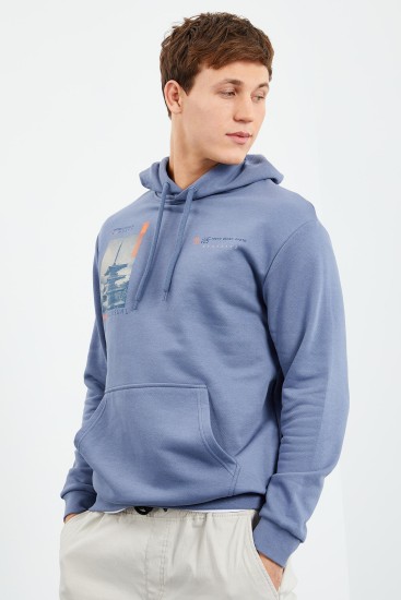 Petrol Desen Baskılı Kapüşonlu Rahat Form Erkek Sweatshirt - 88015 