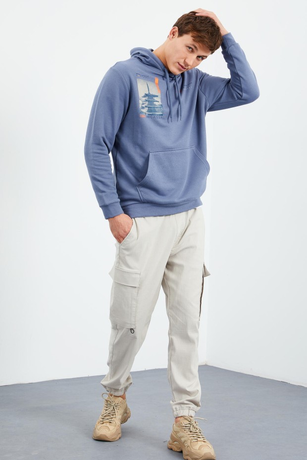 Petrol Desen Baskılı Kapüşonlu Rahat Form Erkek Sweatshirt - 88015