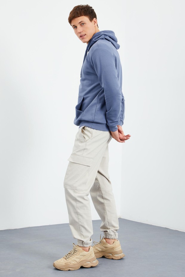 Petrol Desen Baskılı Kapüşonlu Rahat Form Erkek Sweatshirt - 88015