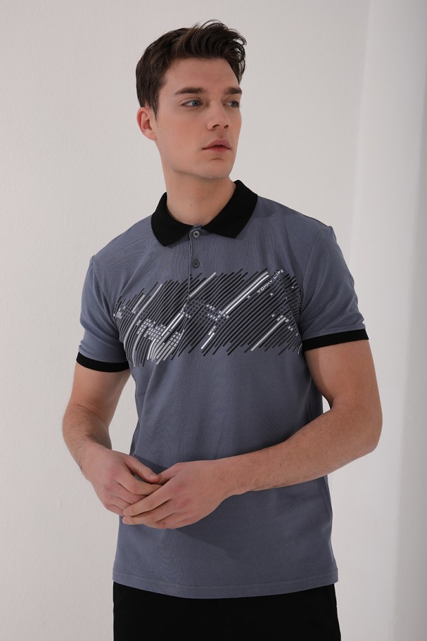 Petrol Sayı Detaylı Çizgi Baskılı Standart Kalıp Polo Yaka Erkek T-Shirt - 87955