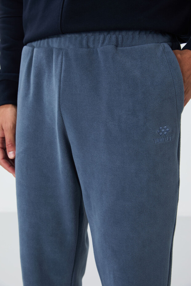 Petrol Gizli Fermuarlı Rahat Form Lastik Paça Polar Erkek Eşofman Alt - 84866 - 4