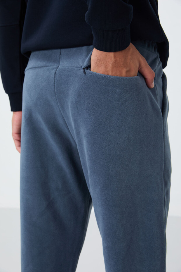 Petrol Gizli Fermuarlı Rahat Form Lastik Paça Polar Erkek Eşofman Alt - 84866 - 5