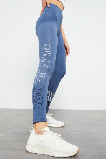 Petrol Yüksek Bel Yazı Baskılı Slim Fit Dar Paça Kadın Tayt - 94544 - TOMMYLIFE (1)