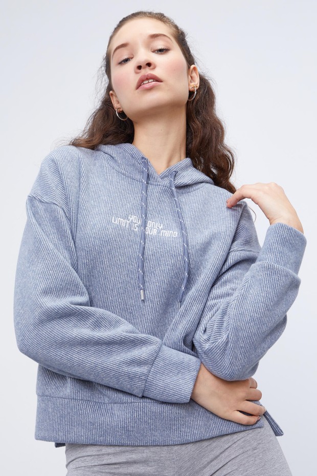 Petrol Kapüşonlu Yazı Nakışlı Selanik Kadın Oversize Sweatshirt - 97192