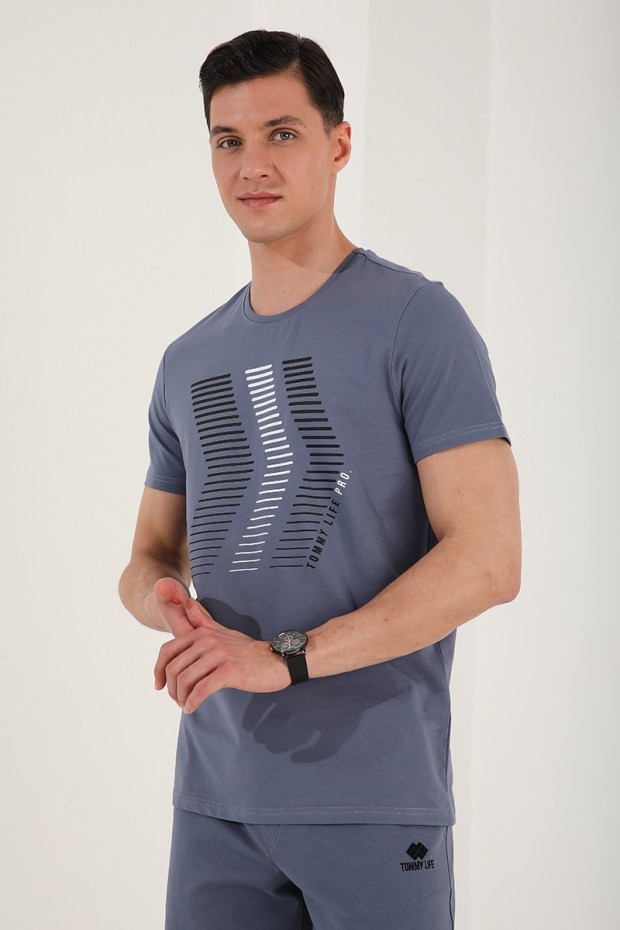 Petrol Karışık Harf Rakam Baskılı Rahat Form O Yaka Erkek T-Shirt - 87960