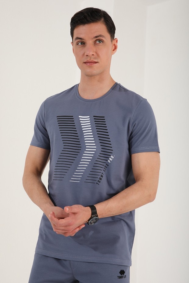 Petrol Karışık Harf Rakam Baskılı Rahat Form O Yaka Erkek T-Shirt - 87960