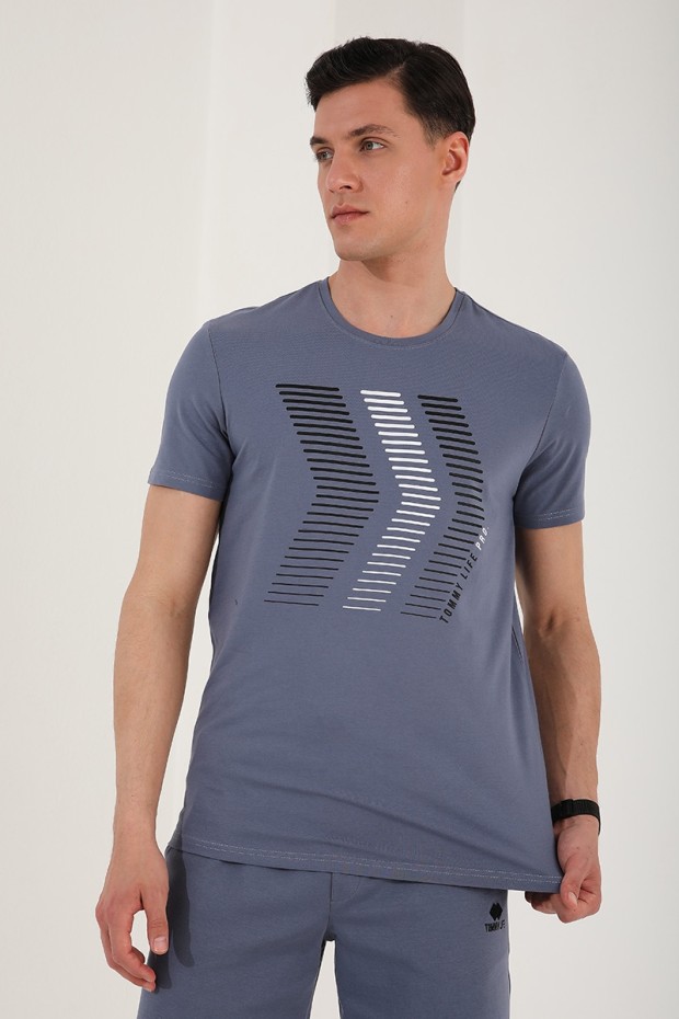 Petrol Karışık Harf Rakam Baskılı Rahat Form O Yaka Erkek T-Shirt - 87960