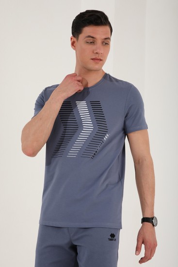 Petrol Karışık Harf Rakam Baskılı Rahat Form O Yaka Erkek T-Shirt - 87960 - Thumbnail