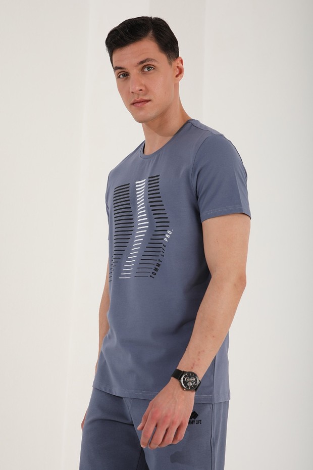 Petrol Karışık Harf Rakam Baskılı Rahat Form O Yaka Erkek T-Shirt - 87960