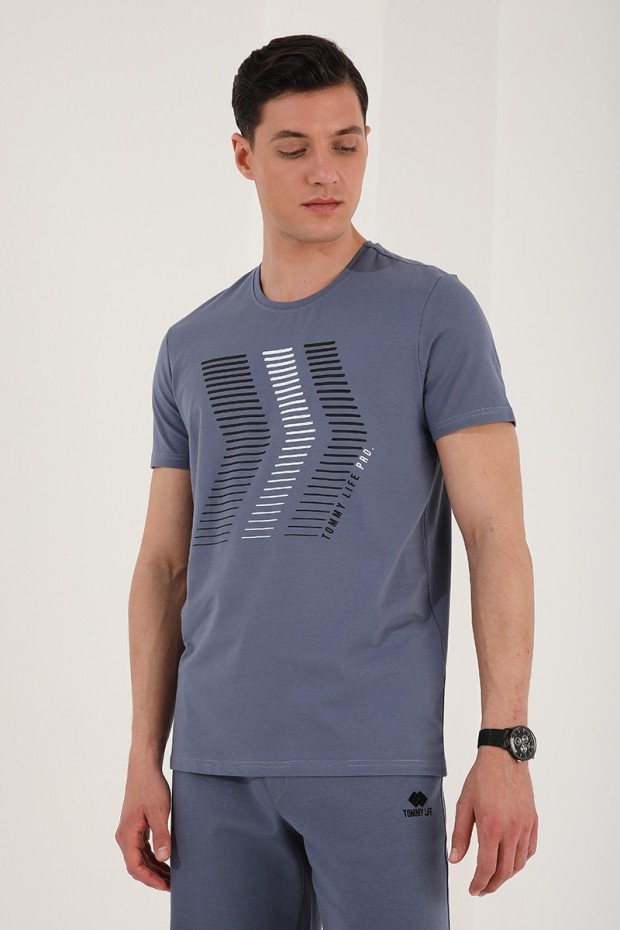 Petrol Karışık Harf Rakam Baskılı Rahat Form O Yaka Erkek T-Shirt - 87960