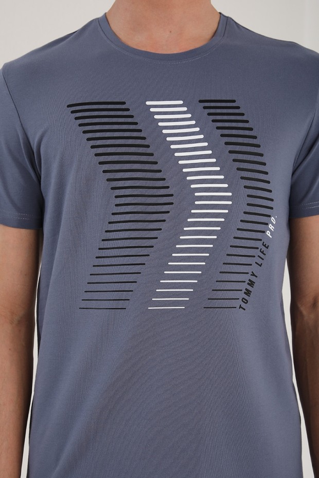 Petrol Karışık Harf Rakam Baskılı Rahat Form O Yaka Erkek T-Shirt - 87960