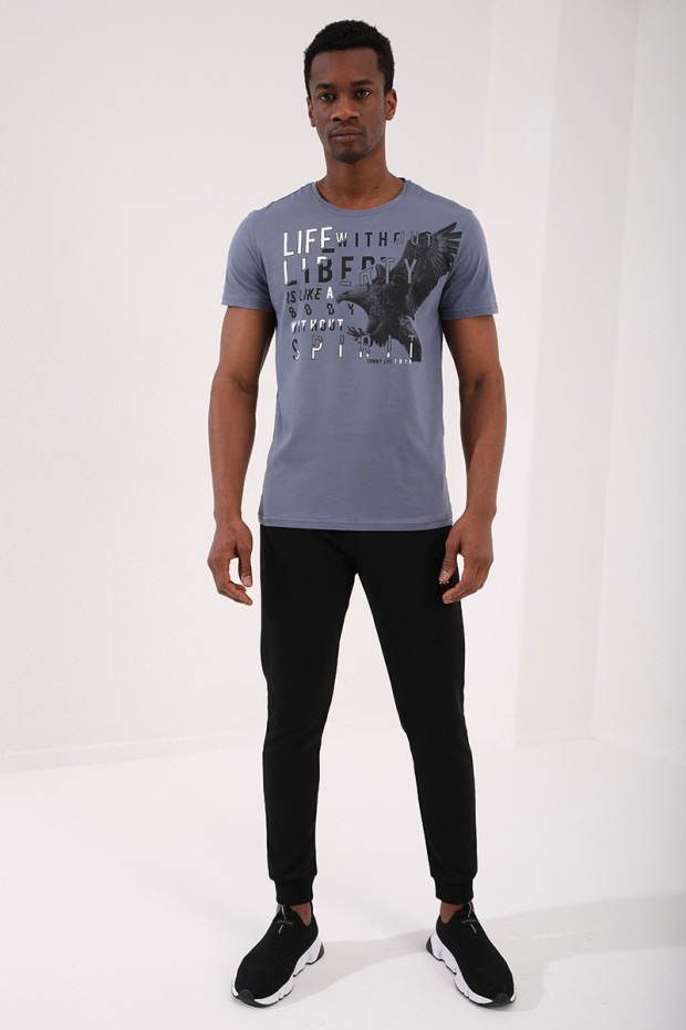 Petrol Kartal Baskılı Standart Kalıp O Yaka Erkek T-Shirt - 87932
