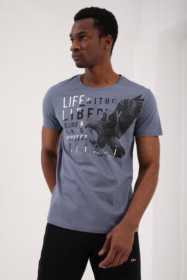 Petrol Kartal Baskılı Standart Kalıp O Yaka Erkek T-Shirt - 87932 