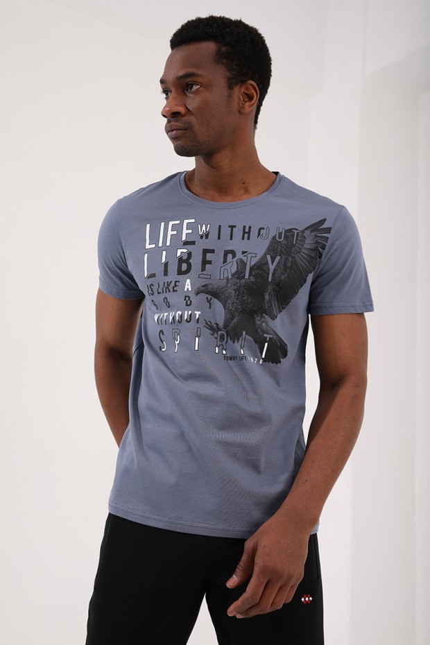 Petrol Kartal Baskılı Standart Kalıp O Yaka Erkek T-Shirt - 87932