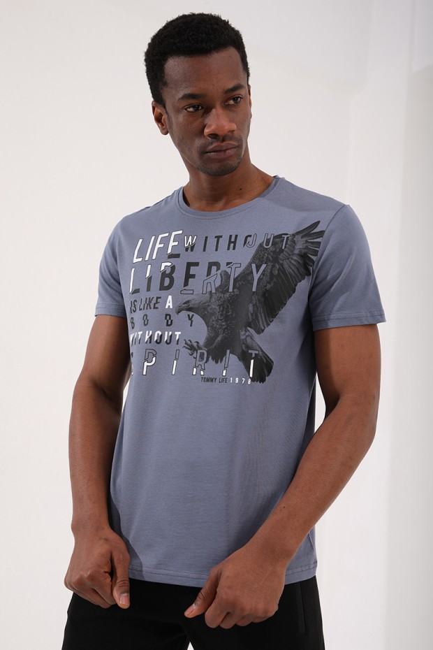 Petrol Kartal Baskılı Standart Kalıp O Yaka Erkek T-Shirt - 87932