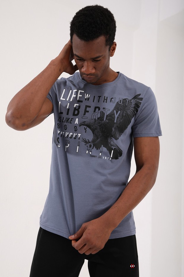 Petrol Kartal Baskılı Standart Kalıp O Yaka Erkek T-Shirt - 87932